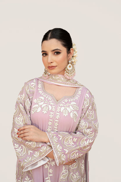 Light Pink Crepe White Aari Suit