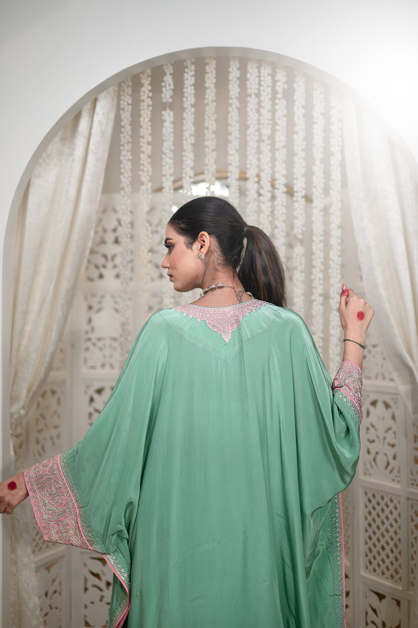 Green Crepe Kaftan Set