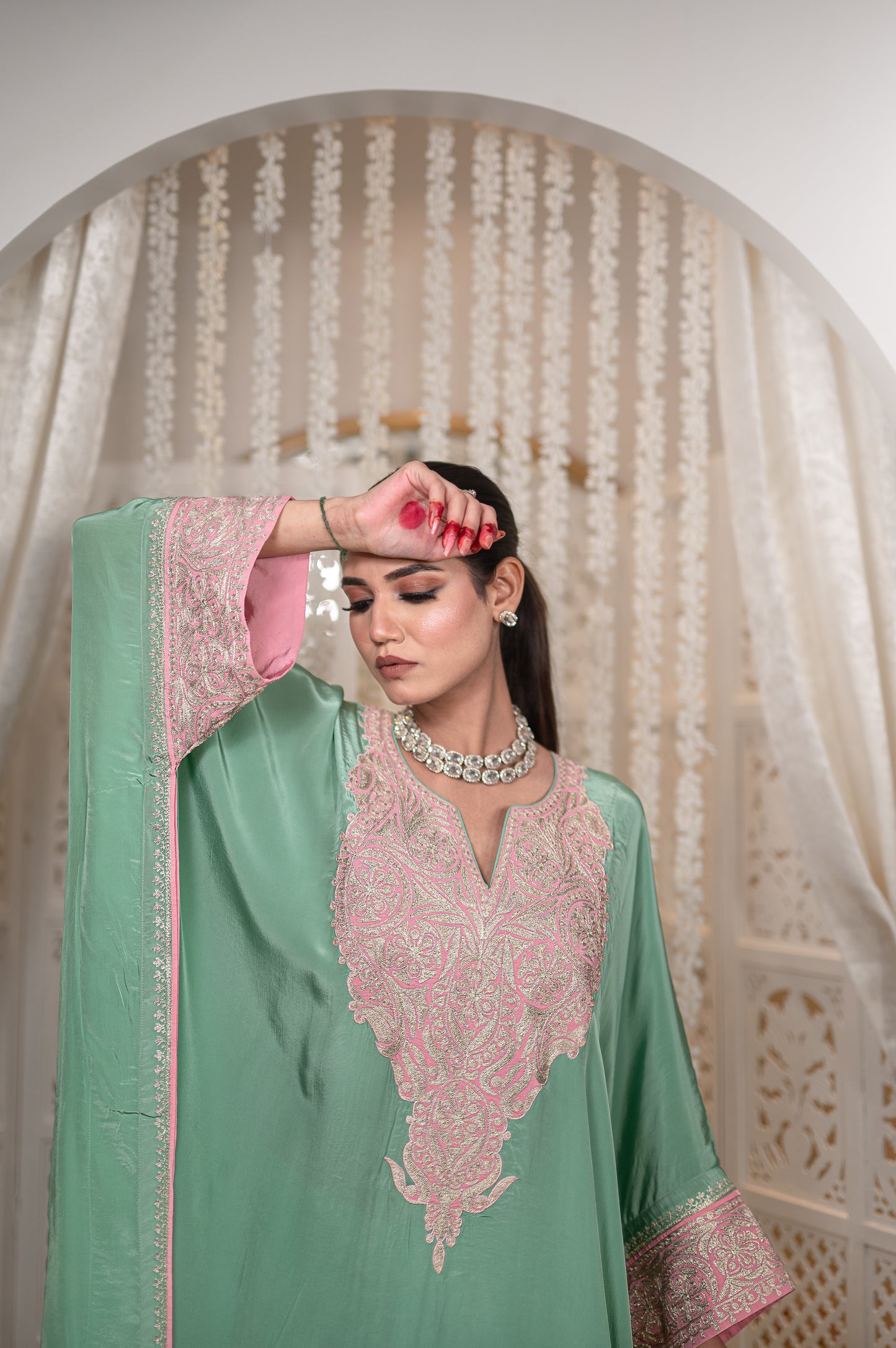 Green Crepe Kaftan Set