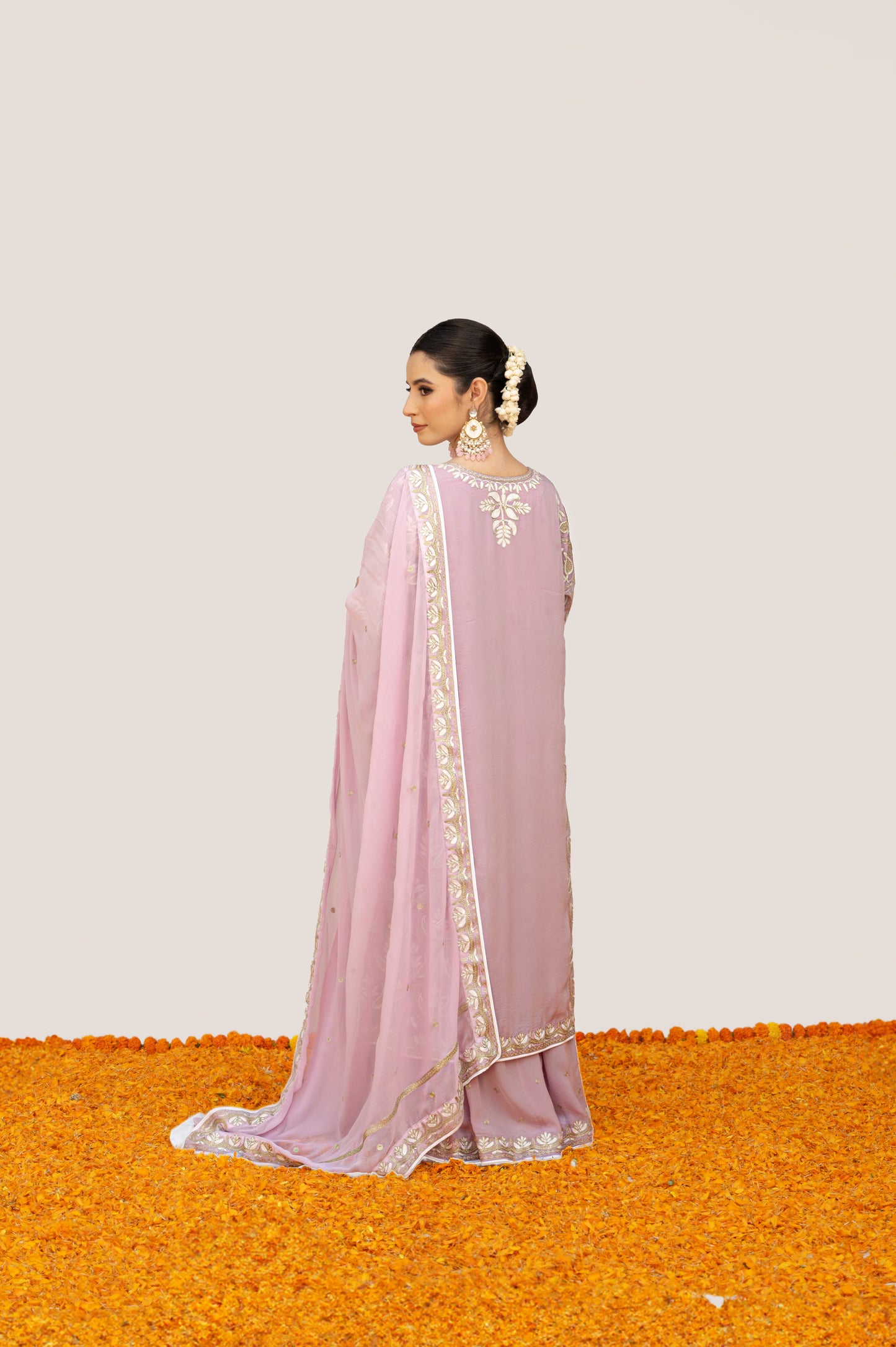 Light Pink Crepe White Aari Suit