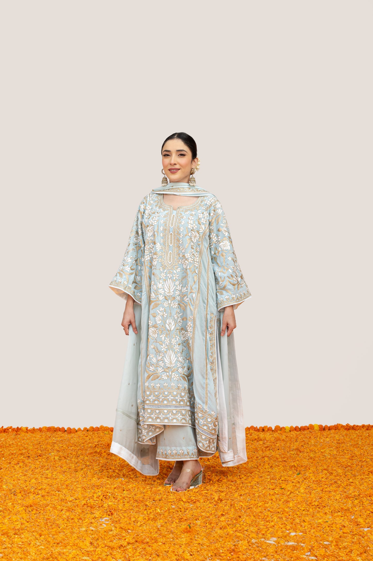 Powder Blue Crepe White Aari Suit