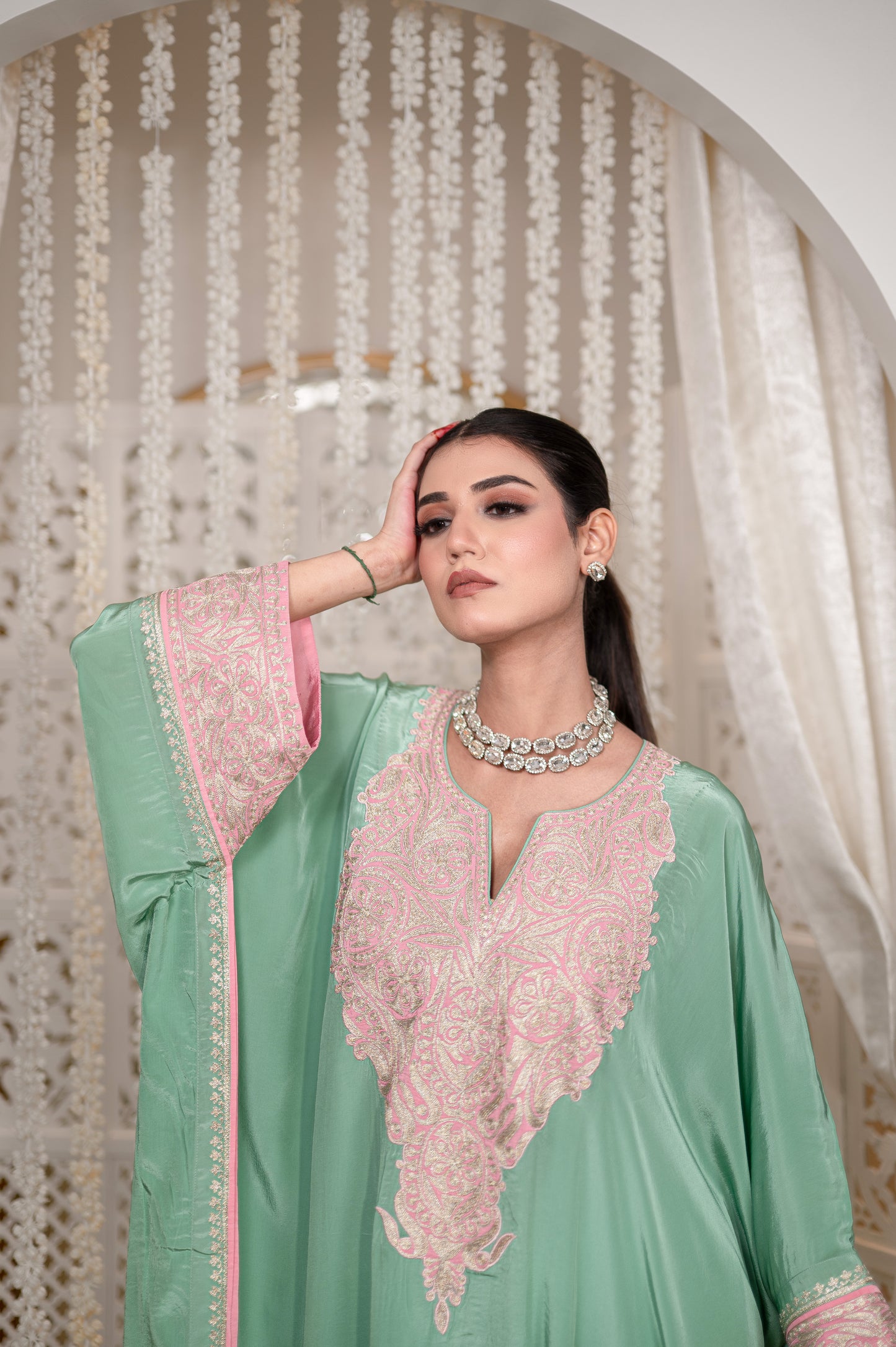 Green Crepe Kaftan Set