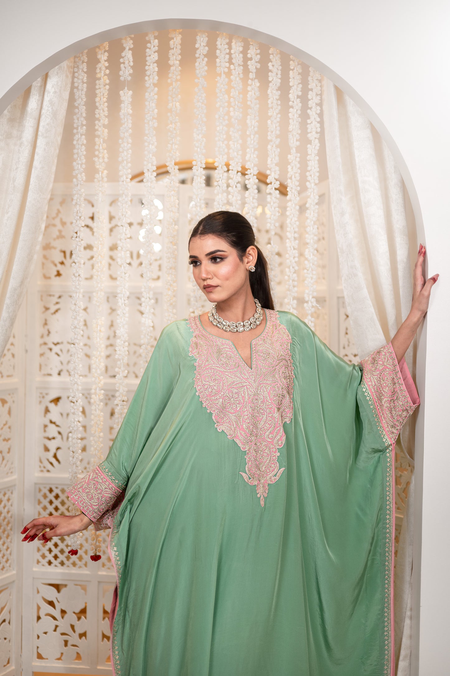 Green Crepe Kaftan Set