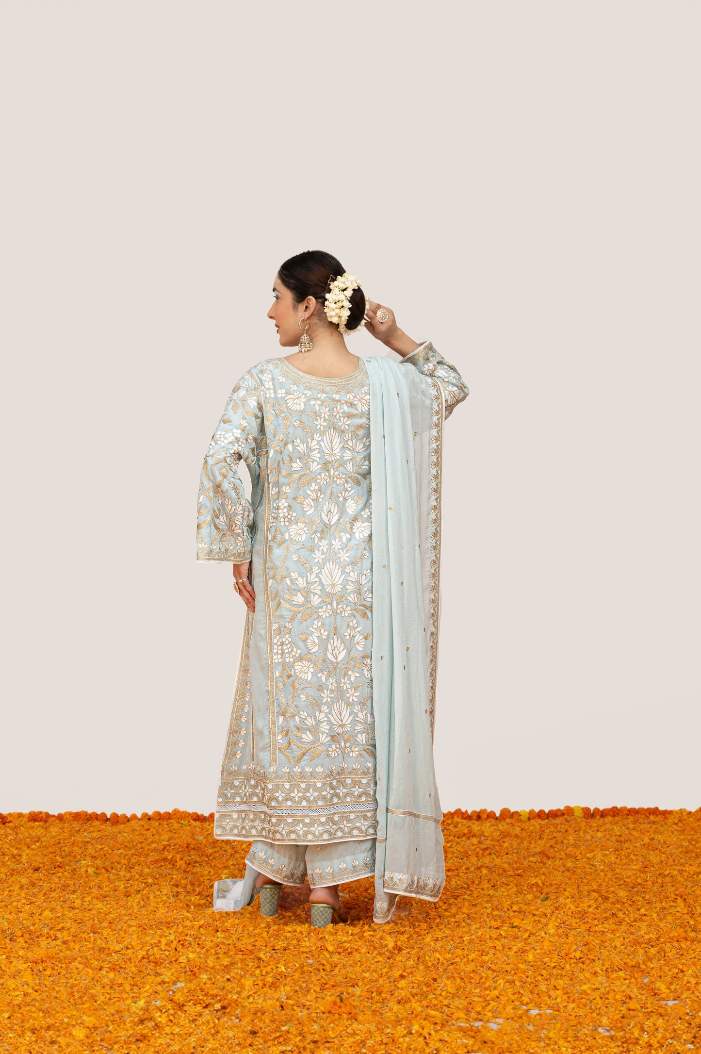 Powder Blue Crepe White Aari Suit