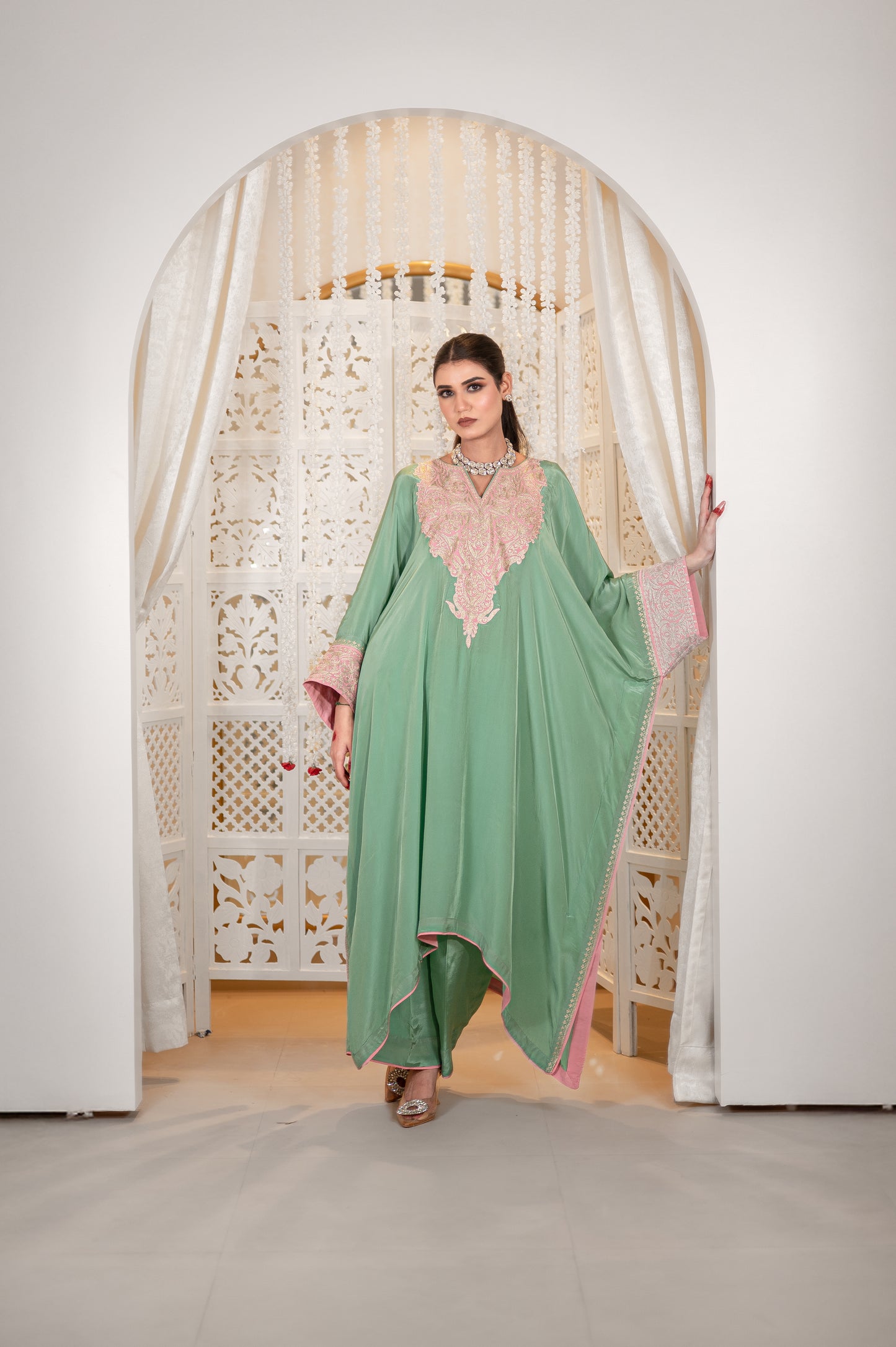 Green Crepe Kaftan Set