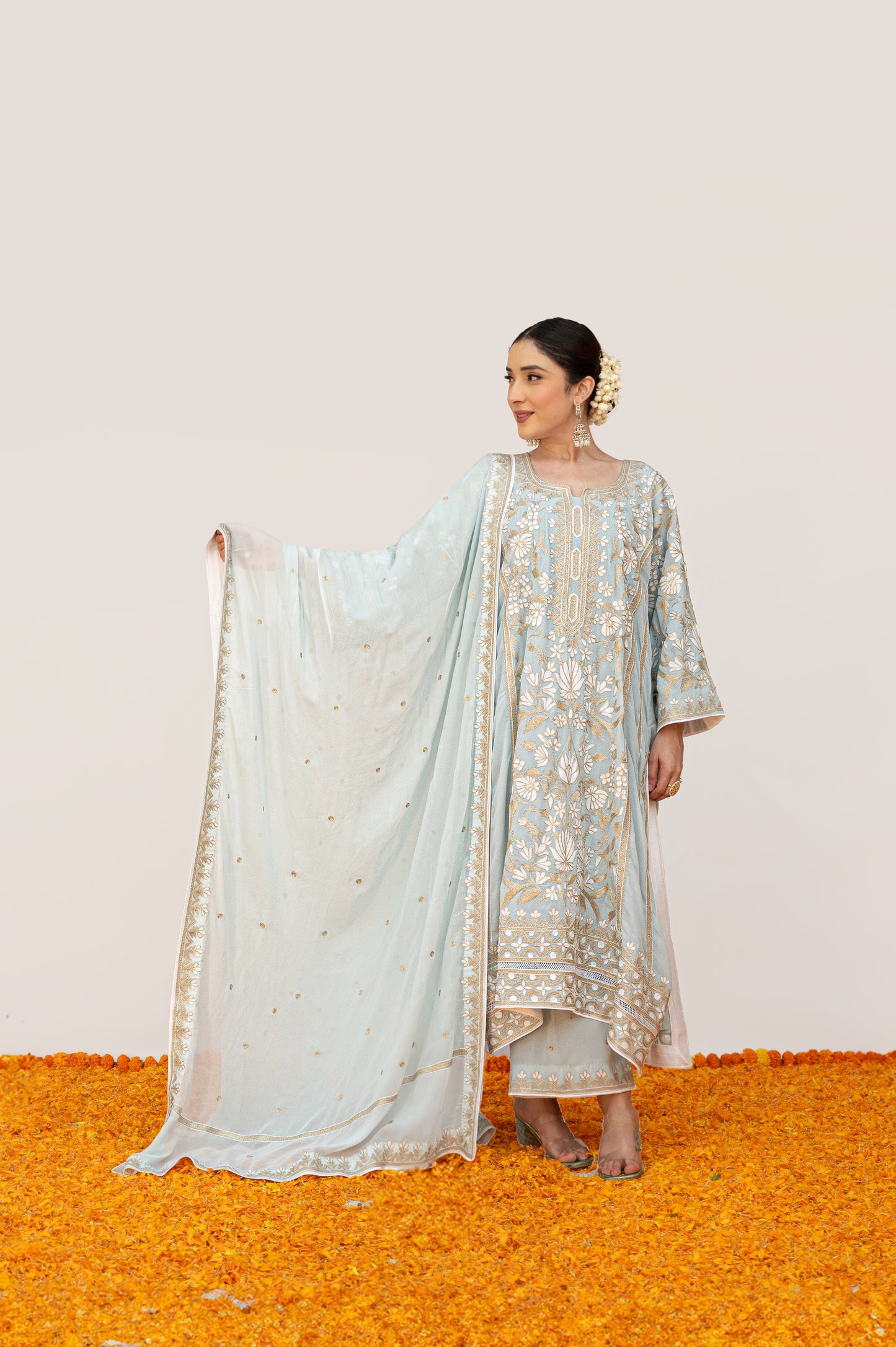 Powder Blue Crepe White Aari Suit