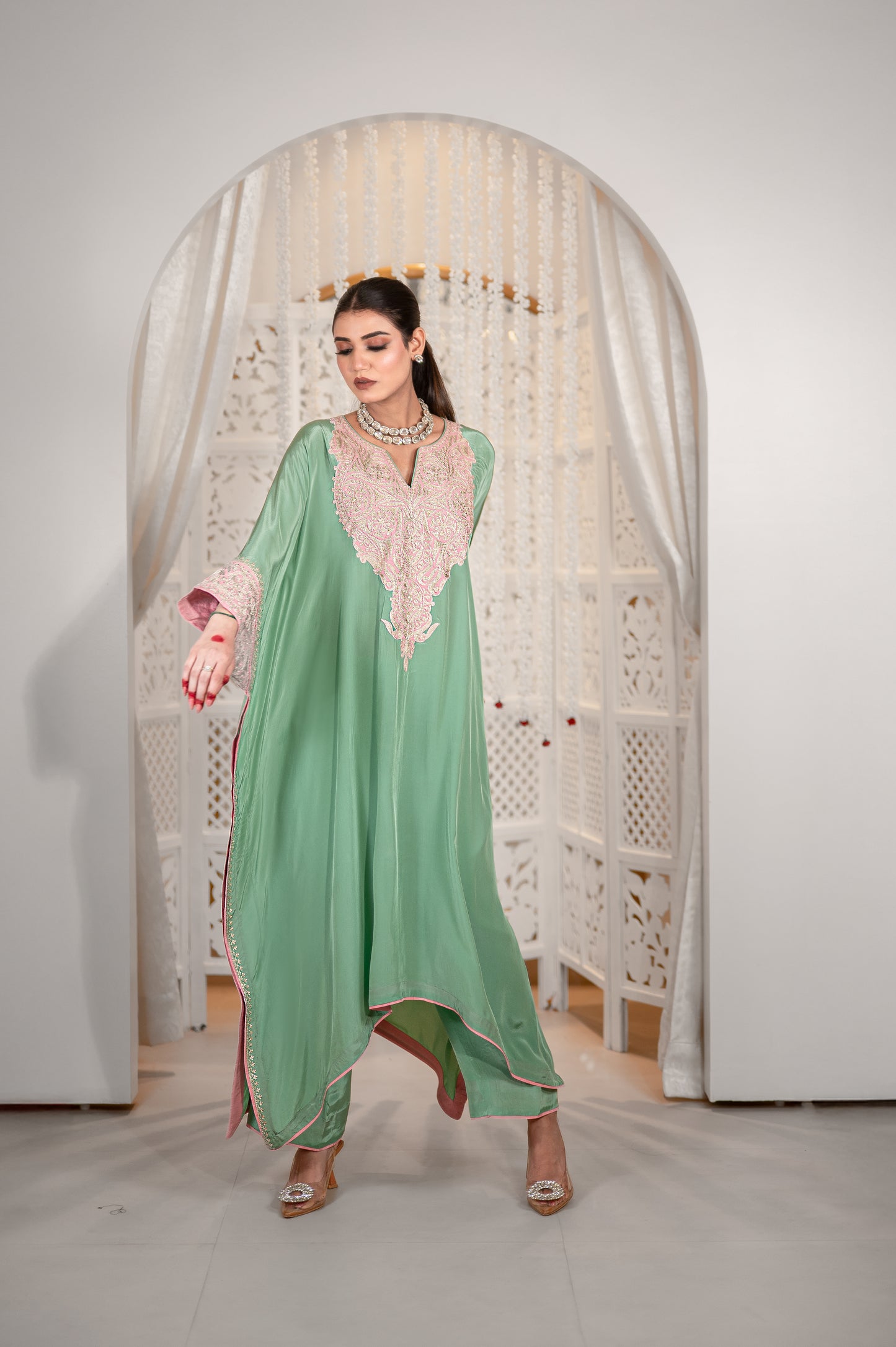 Green Crepe Kaftan Set