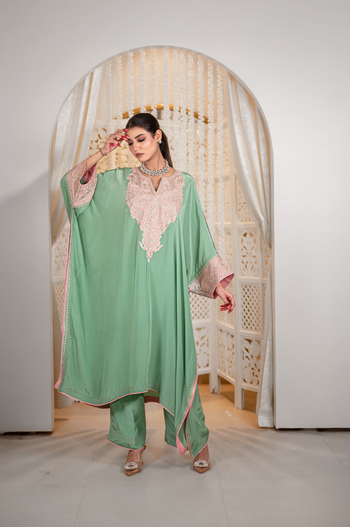 Green Crepe Kaftan Set