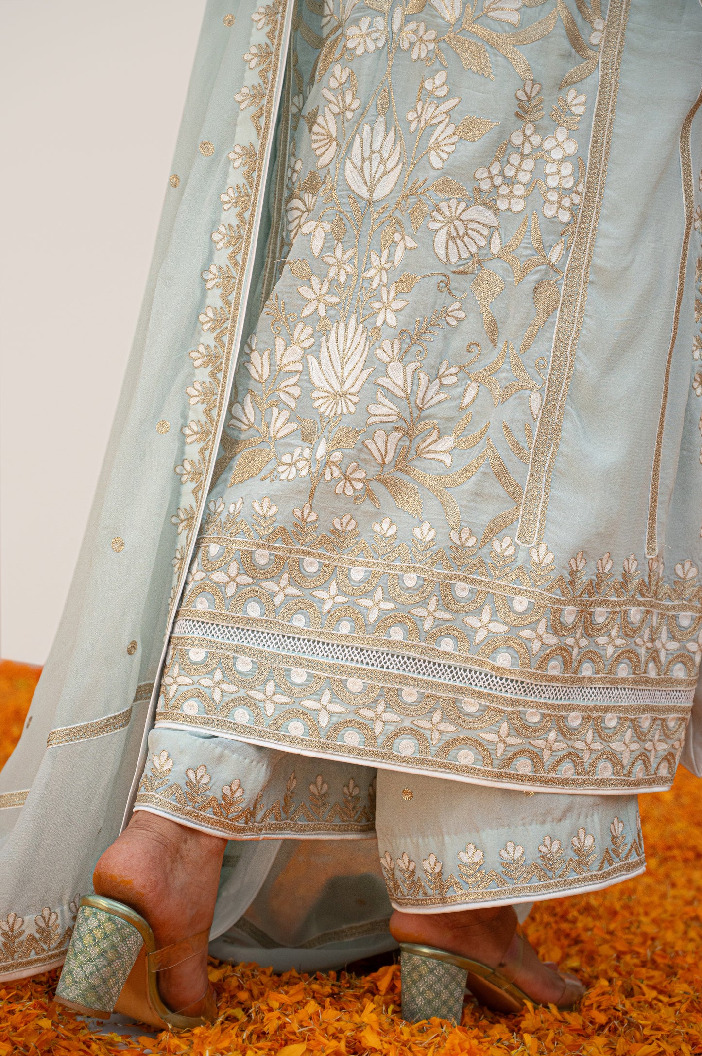 Powder Blue Crepe White Aari Suit