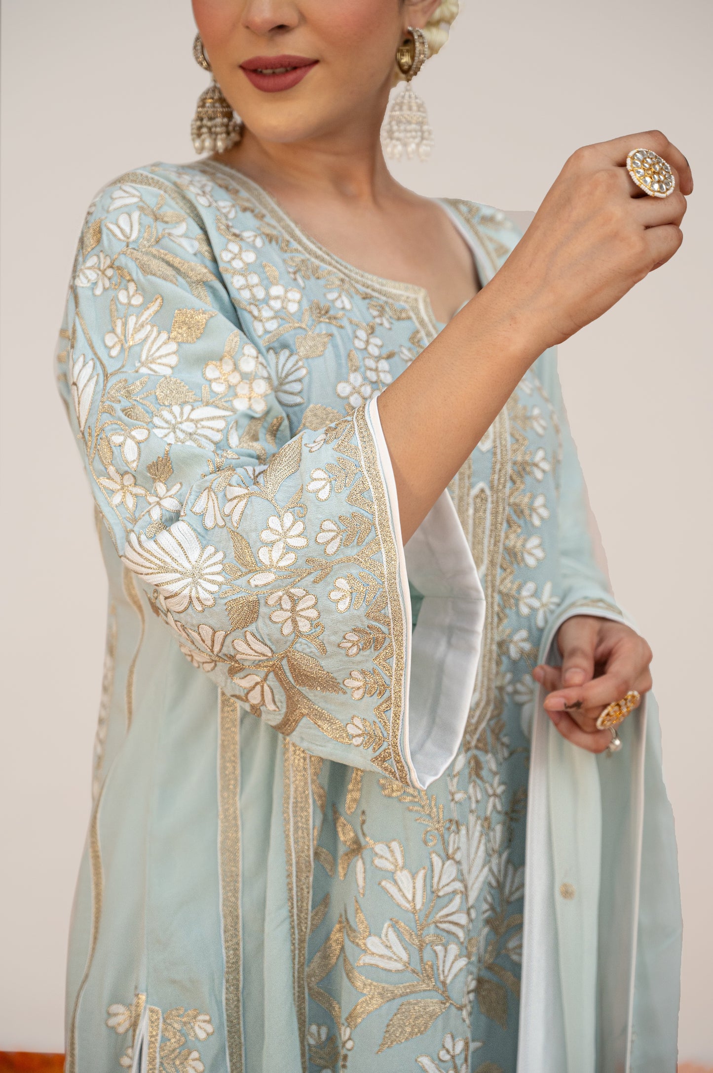 Powder Blue Crepe White Aari Suit