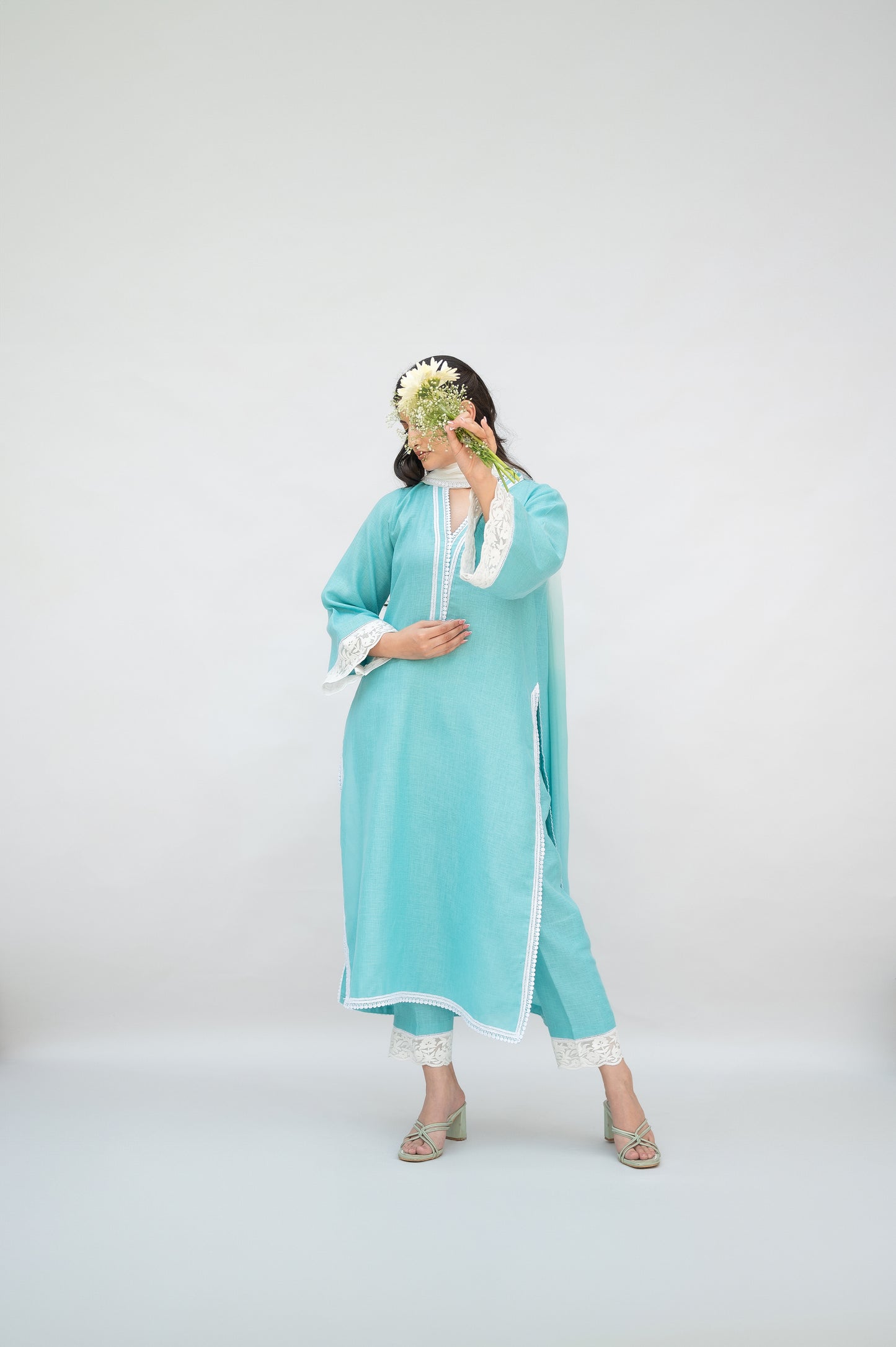 Aqua Blue Linen Suit with Ombre Dupatta