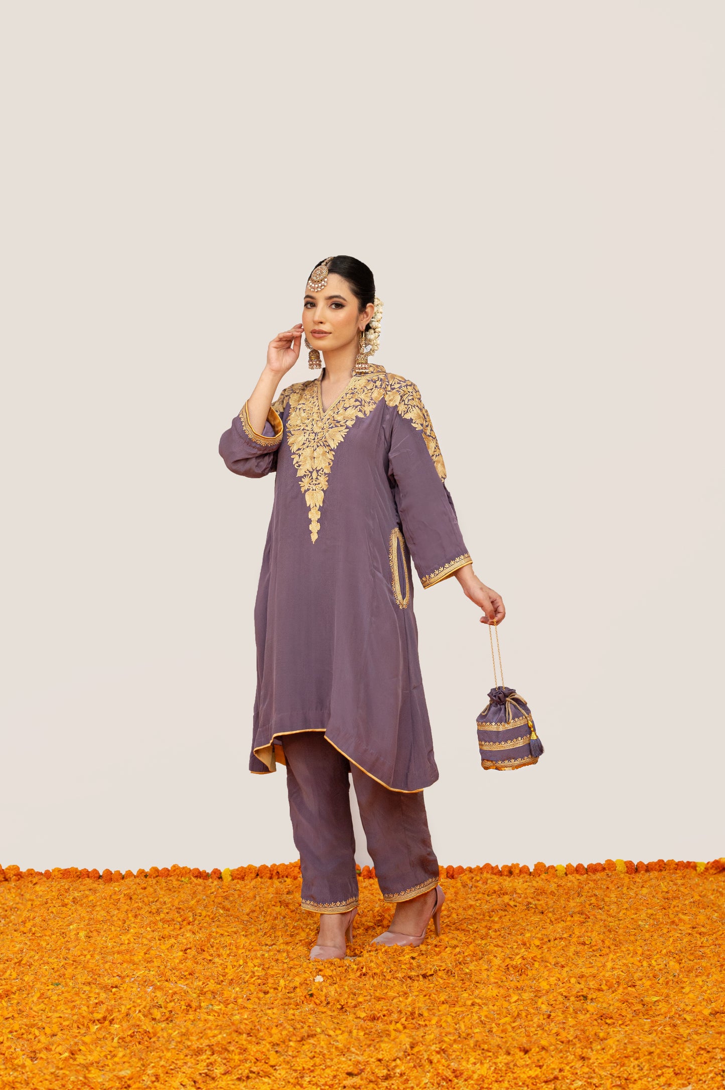 Powder Purple Crepe Aari Shoulder Set with Potli