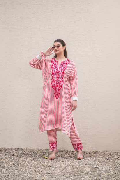 Red Stripes Kurta Set