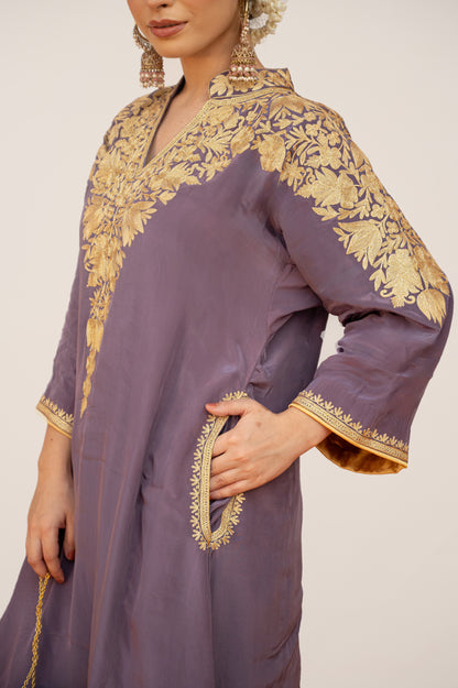 Powder Purple Crepe Aari Shoulder Set with Potli