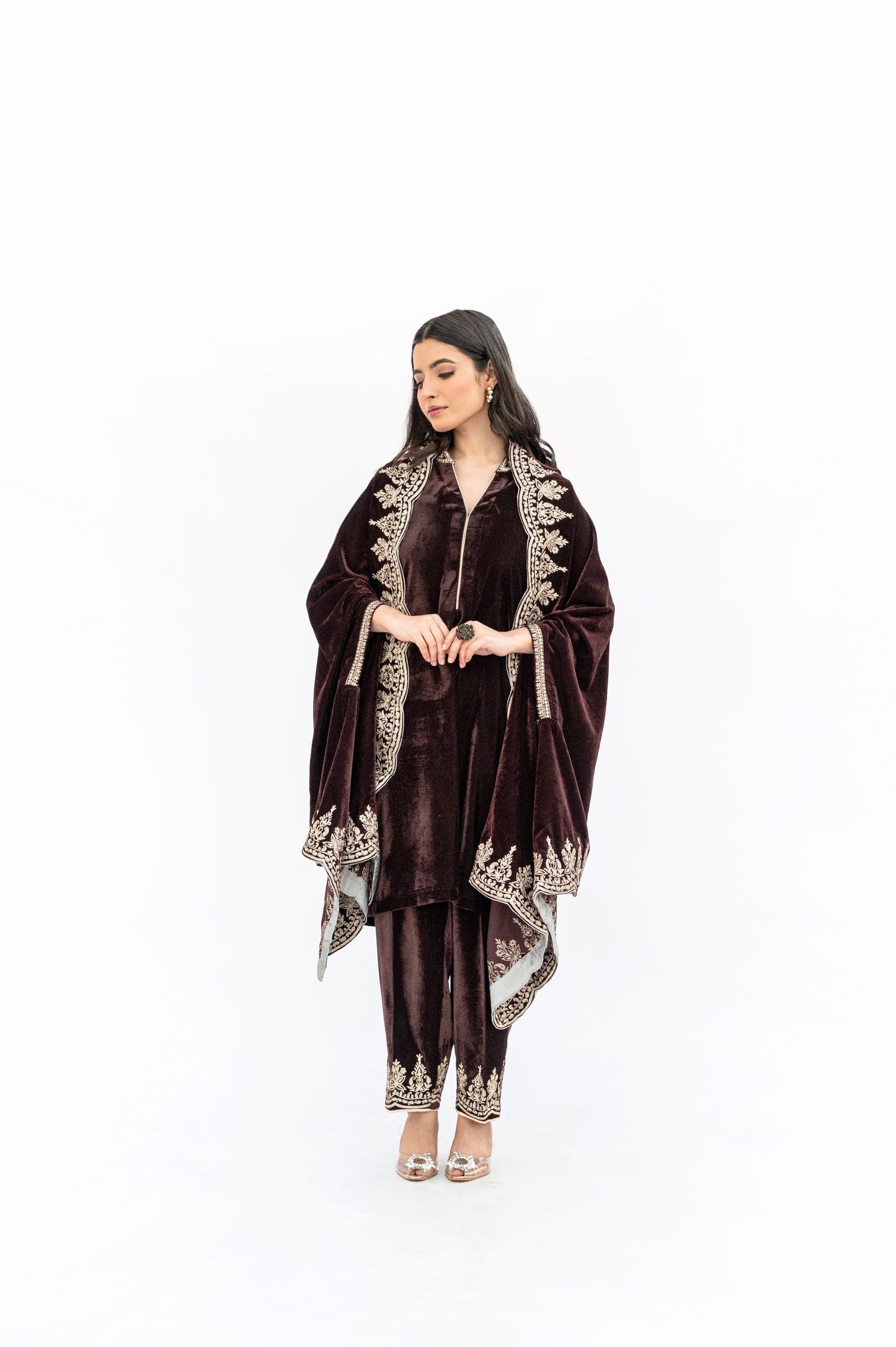 Brown velvet cutwork cape set