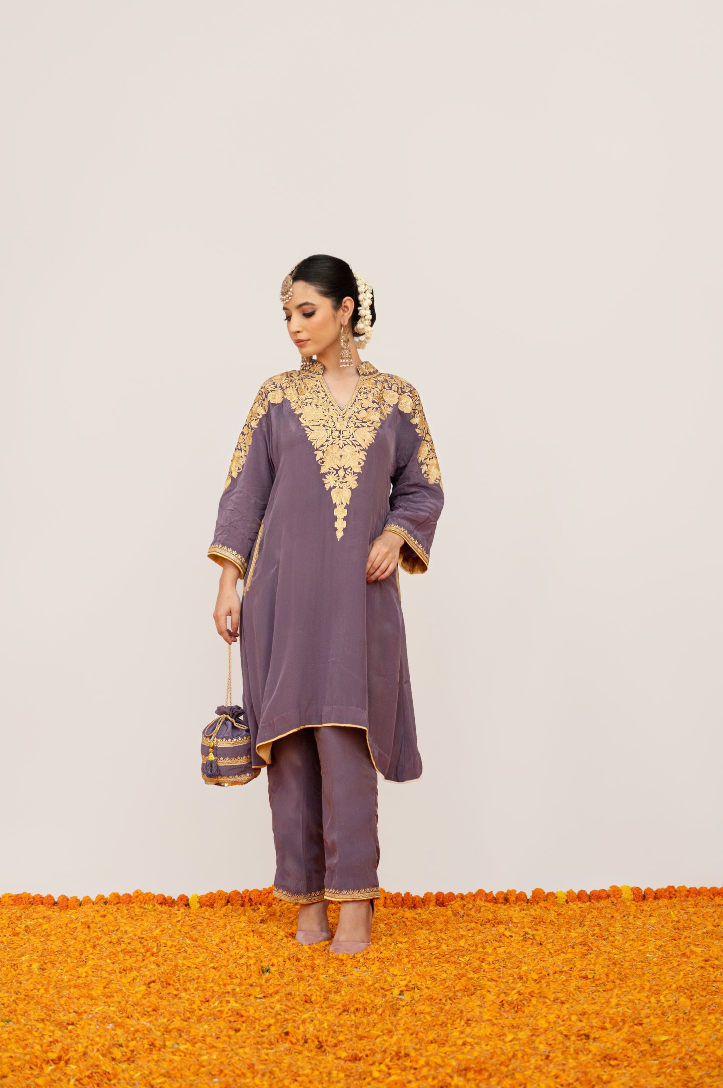 Powder Purple Crepe Aari Shoulder Set with Potli