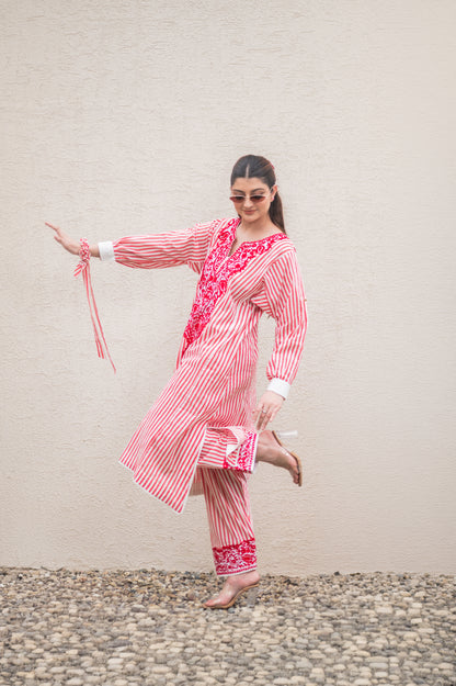 Red Stripes Kurta Set