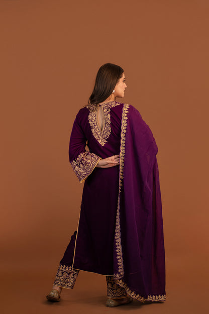 Light Purple Velvet Aari Tilla Suit