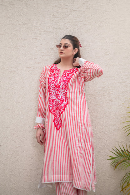 Red Stripes Kurta Set