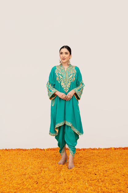 Teal Crepe Aari Tilla Set with Potli