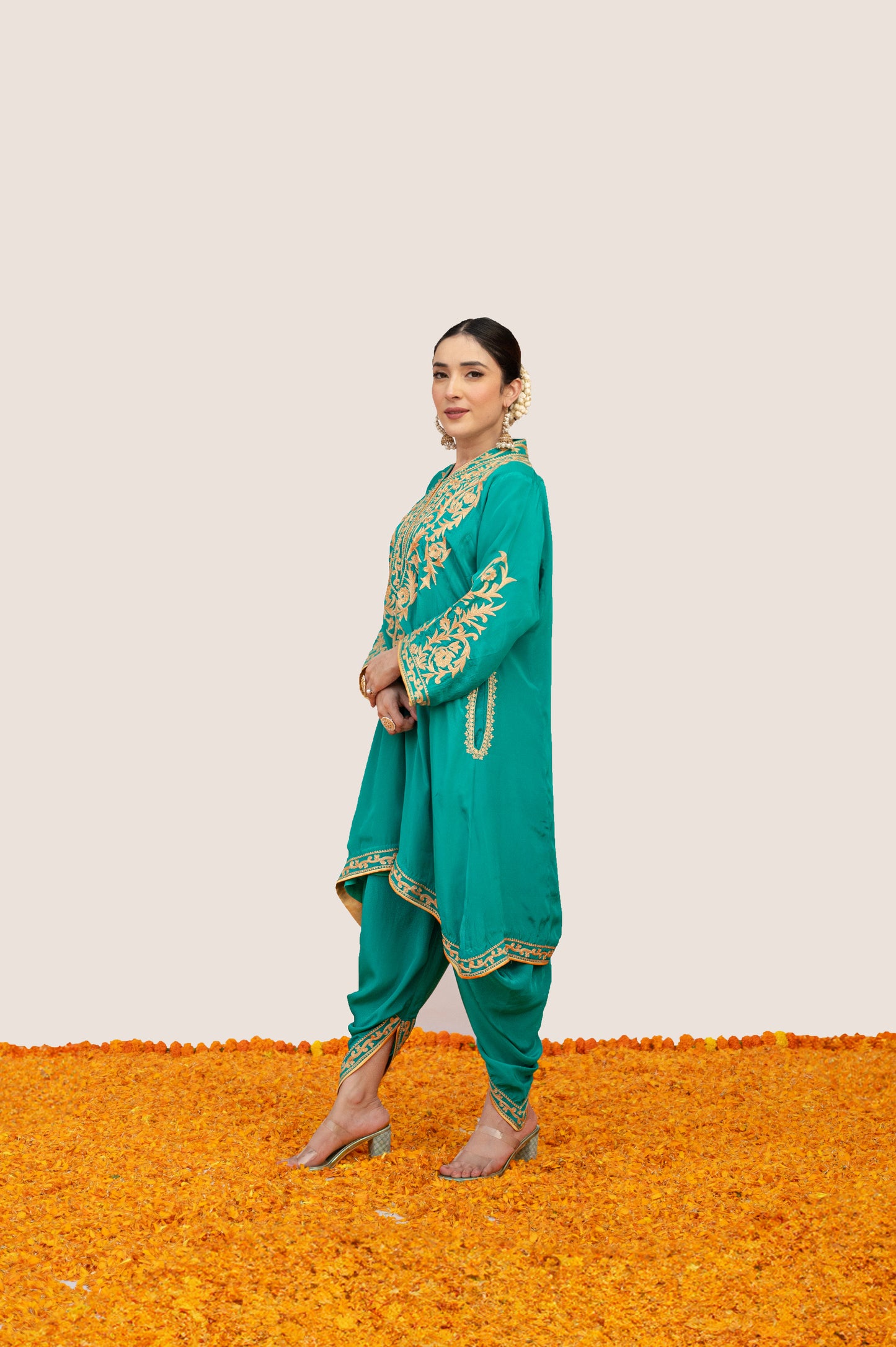 Teal Crepe Aari Tilla Set with Potli