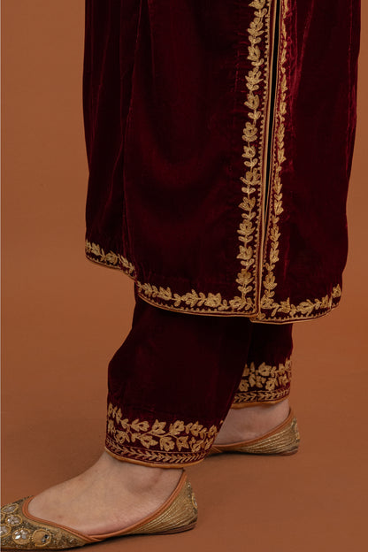 Maroon velvet cutwork aari tilla suit