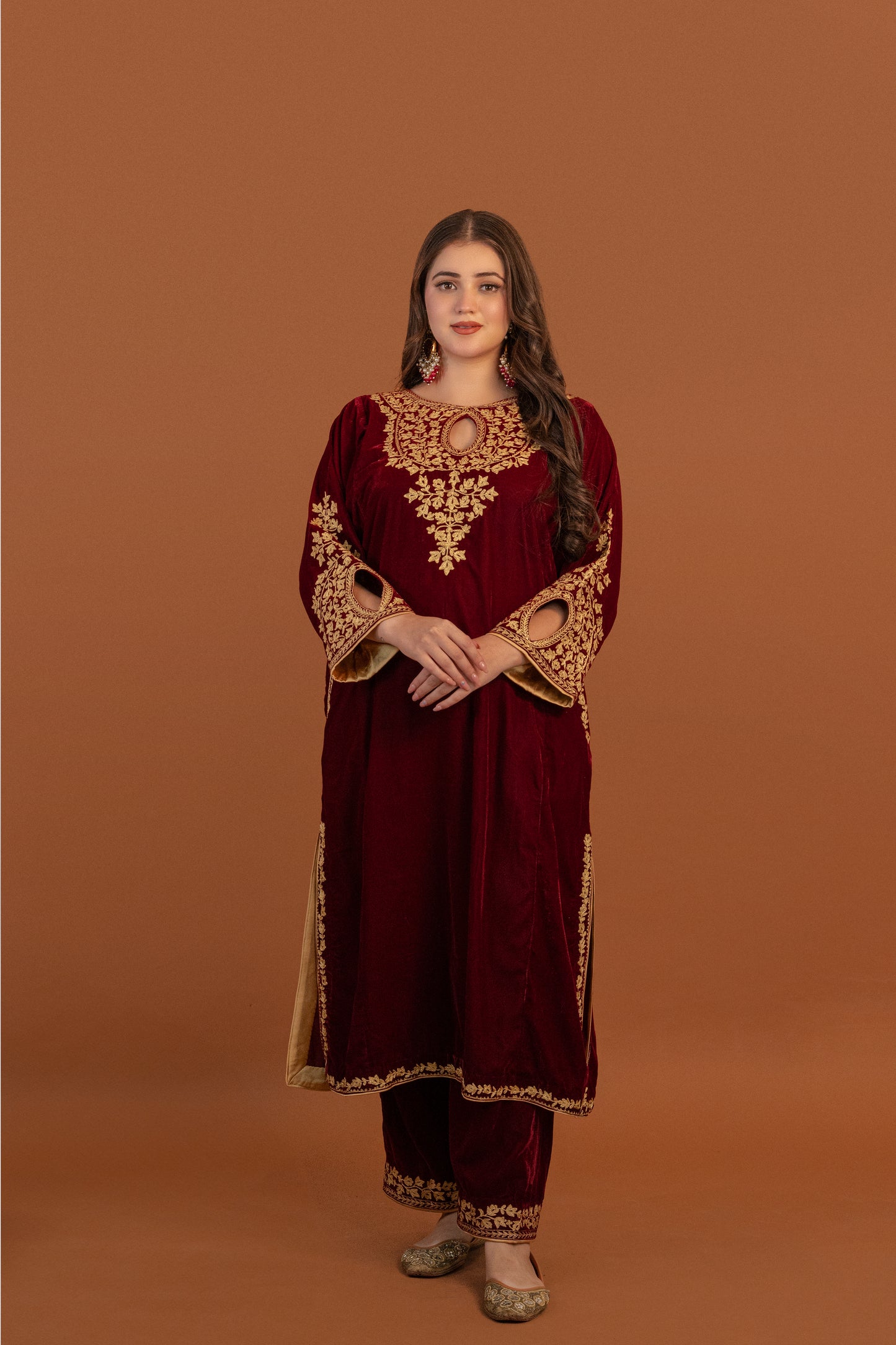 Maroon velvet cutwork aari tilla suit