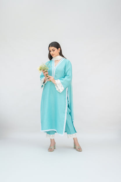 Aqua Blue Linen Suit with Ombre Dupatta