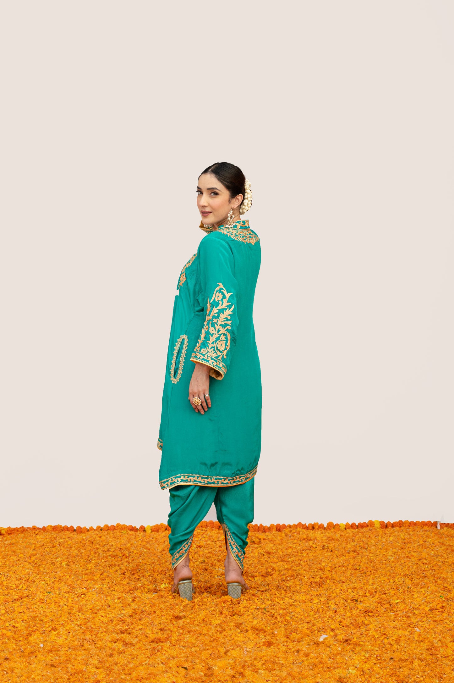 Teal Crepe Aari Tilla Set with Potli