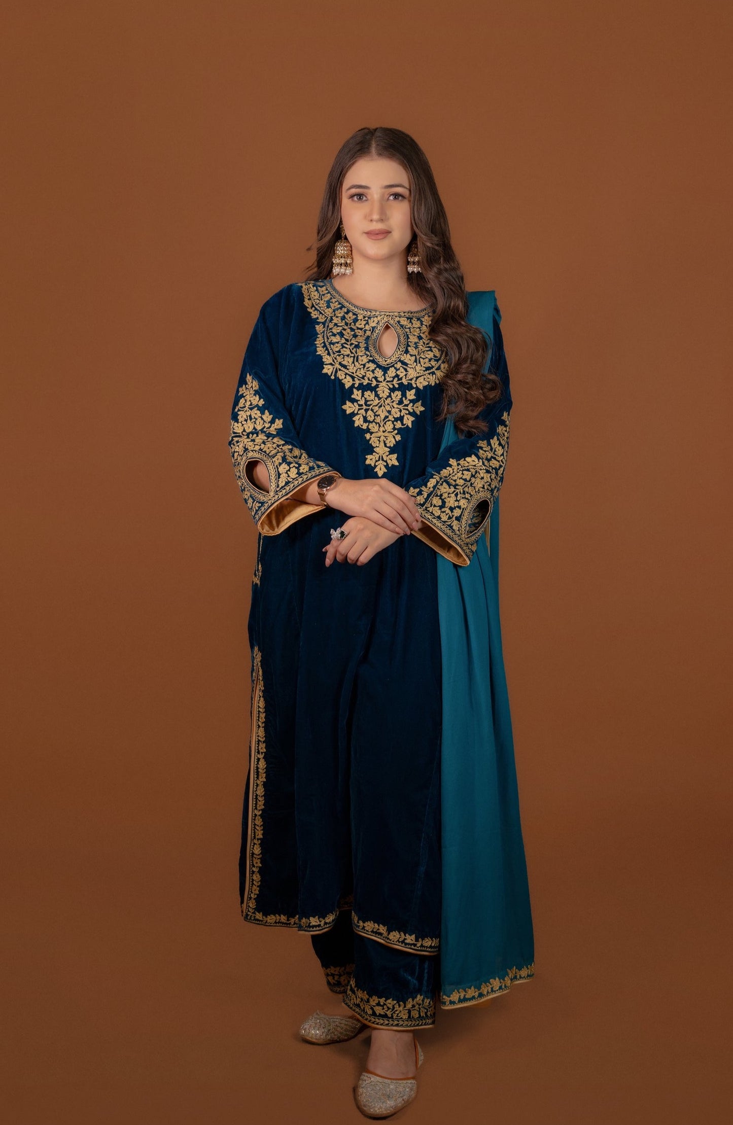 Peacock Blue Velvet Aari Tilla Suit