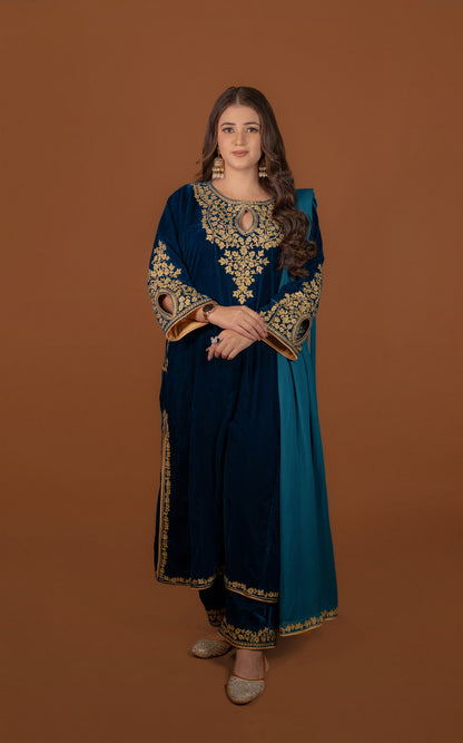 Peacock Blue Velvet Aari Tilla Suit