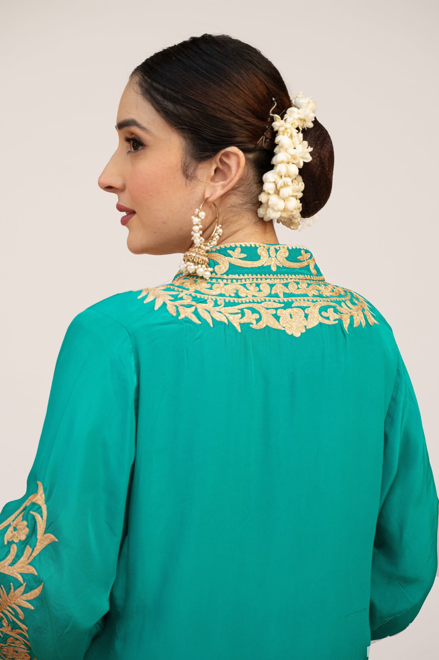 Teal Crepe Aari Tilla Set with Potli