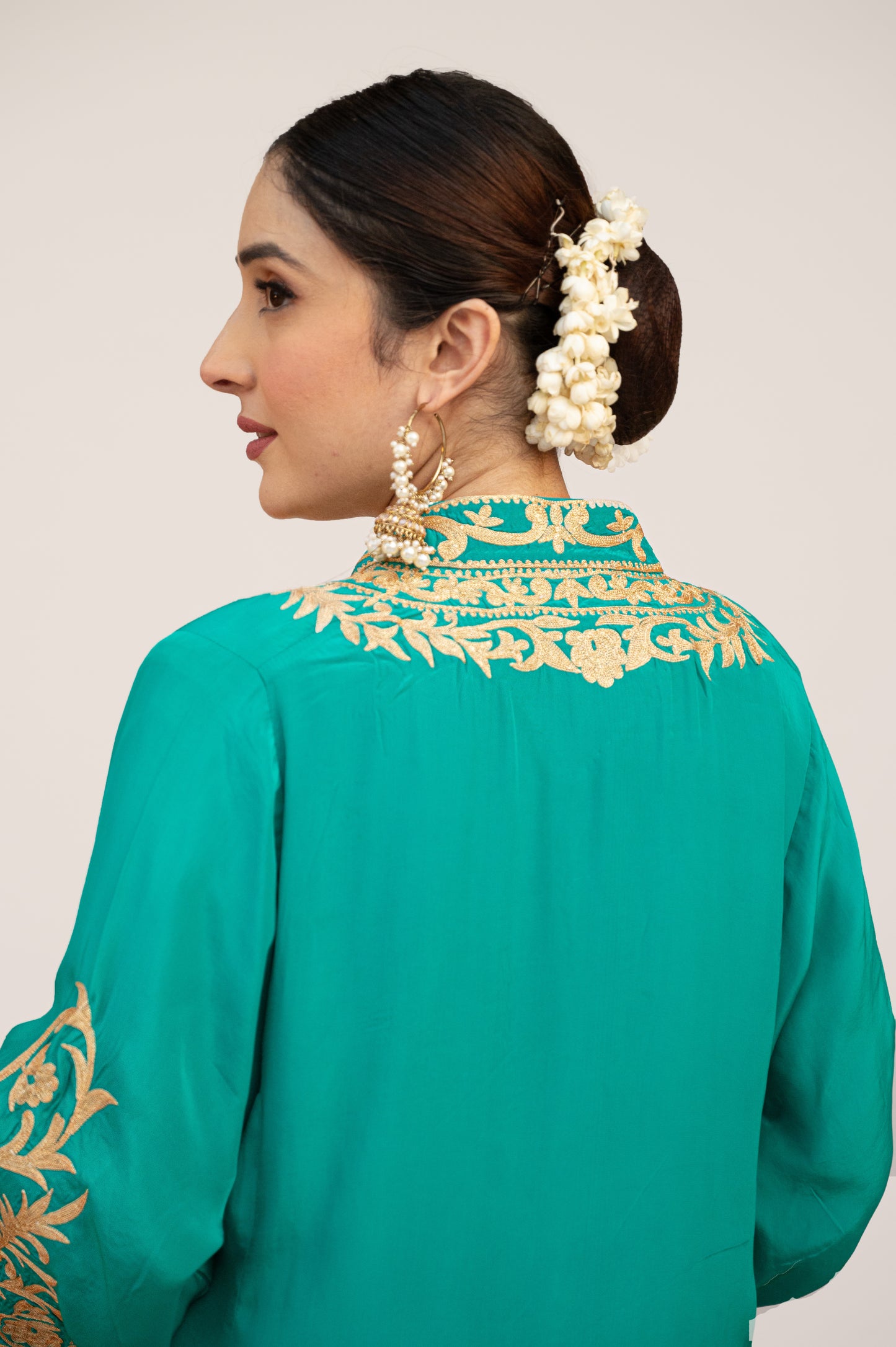 Teal Crepe Aari Tilla Set with Potli