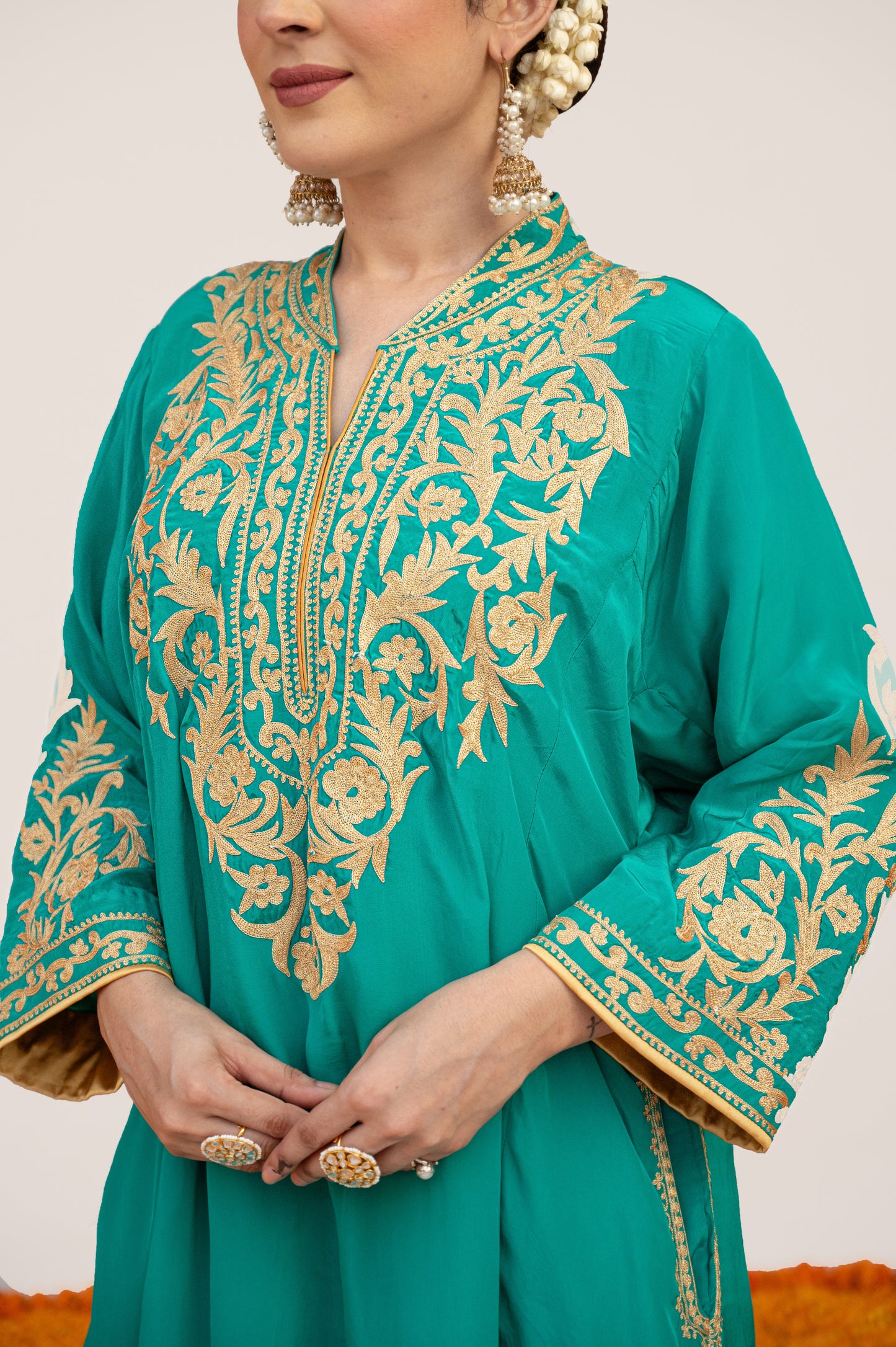 Teal Crepe Aari Tilla Set with Potli