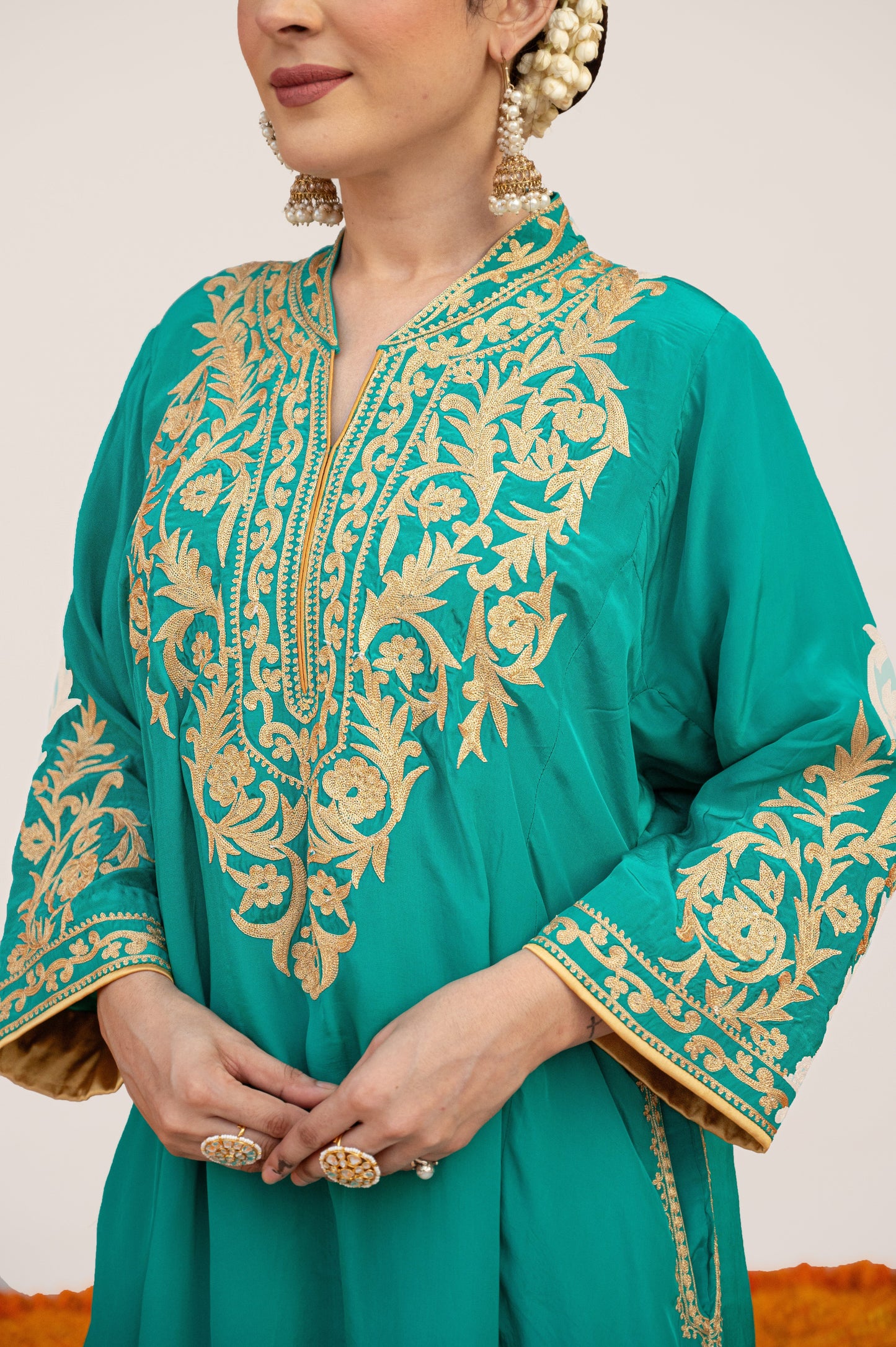 Teal Crepe Aari Tilla Set with Potli