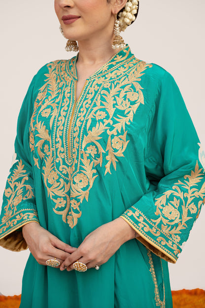Teal Crepe Aari Tilla Set with Potli