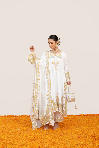 White Pure Satin Aari Suit with Potli