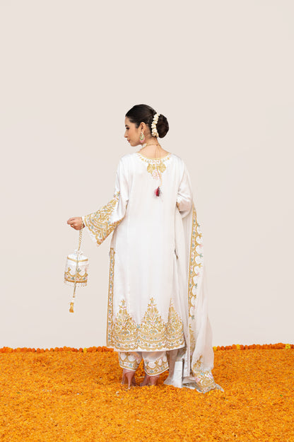 White Pure Satin Aari Suit with Potli