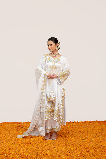 White Pure Satin Aari Suit with Potli