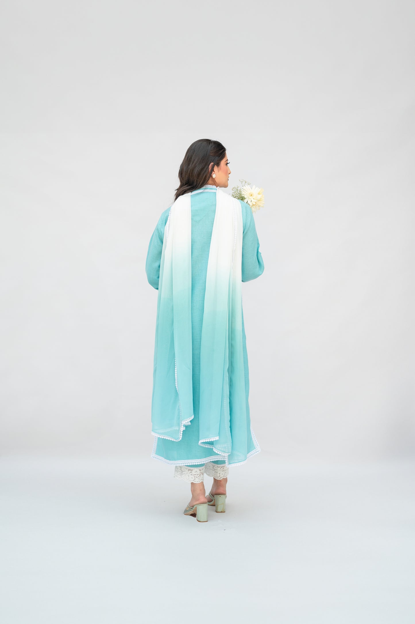 Aqua Blue Linen Suit with Ombre Dupatta