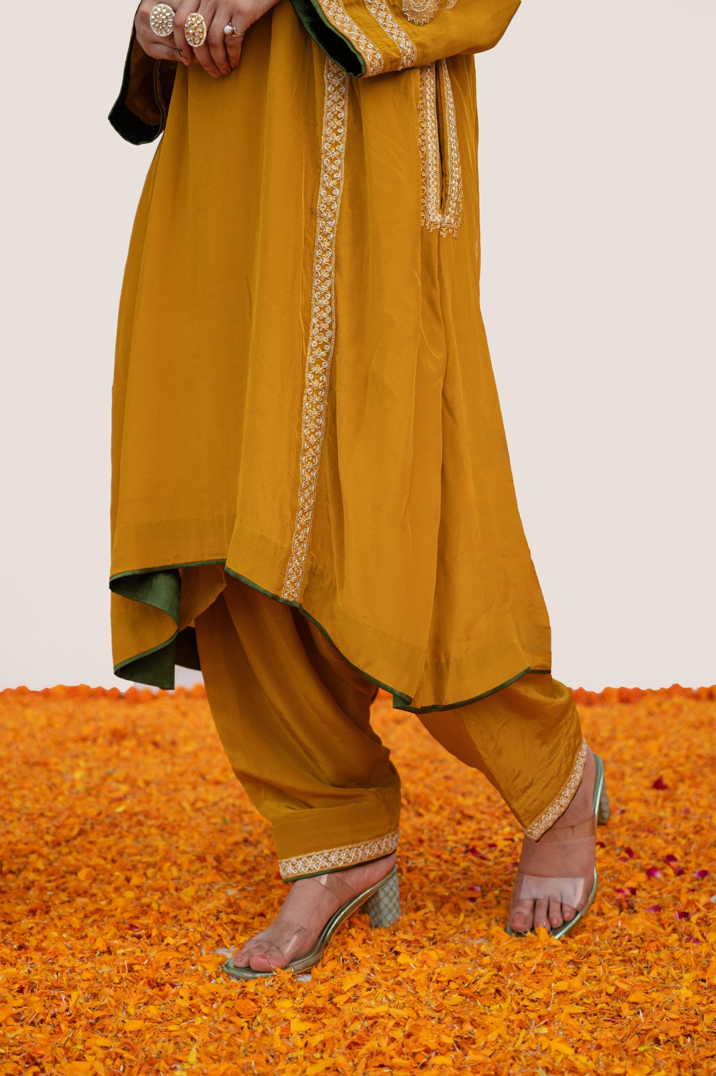 Mustard Olive Green Crepe Tilla Suit with Potli