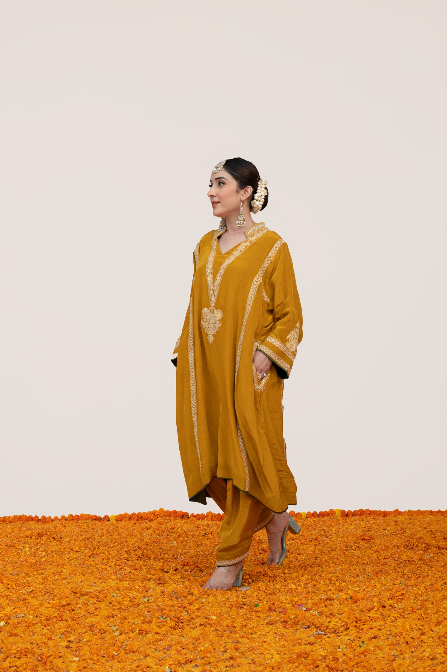 Mustard Olive Green Crepe Tilla Suit with Potli