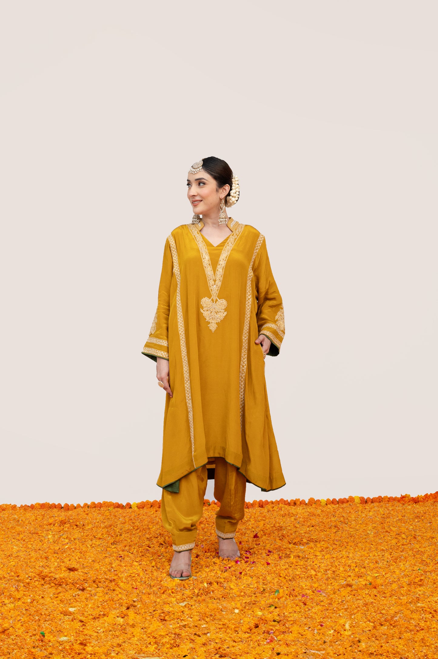 Mustard Olive Green Crepe Tilla Suit with Potli