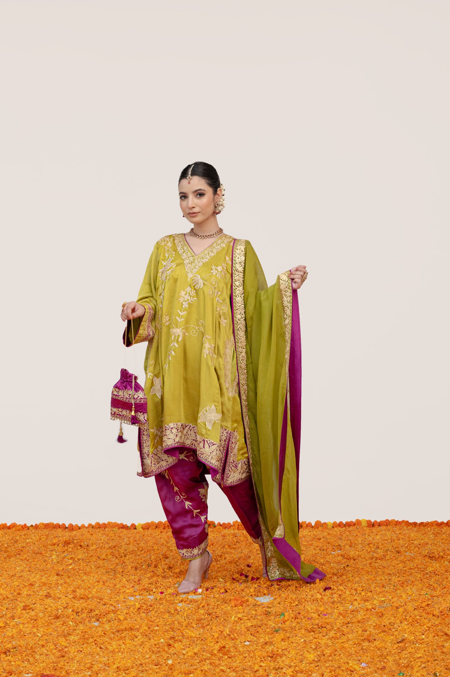 Mehendi Green Pure Satin Aari Suit with Potli