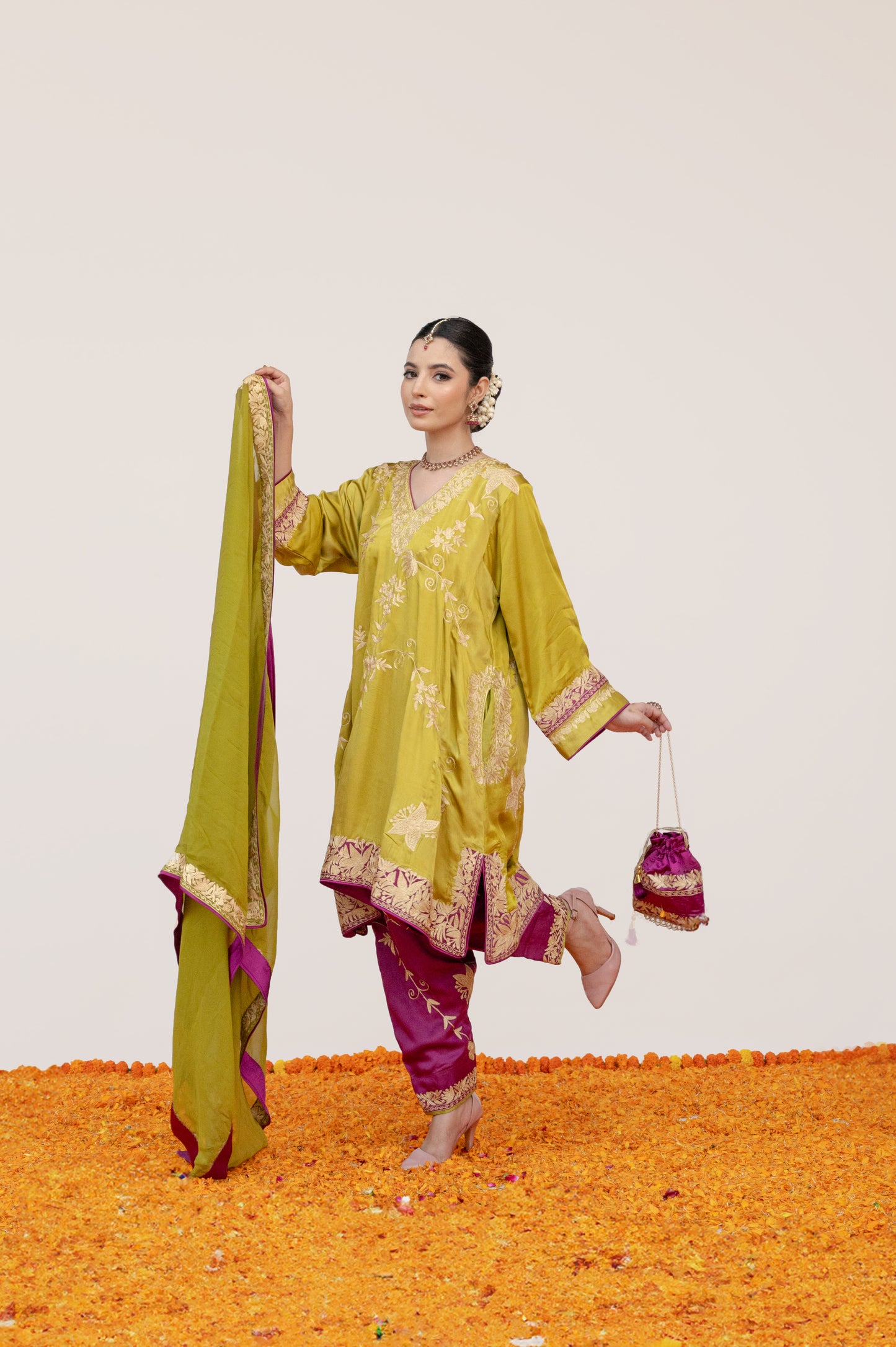 Mehendi Green Pure Satin Aari Suit with Potli