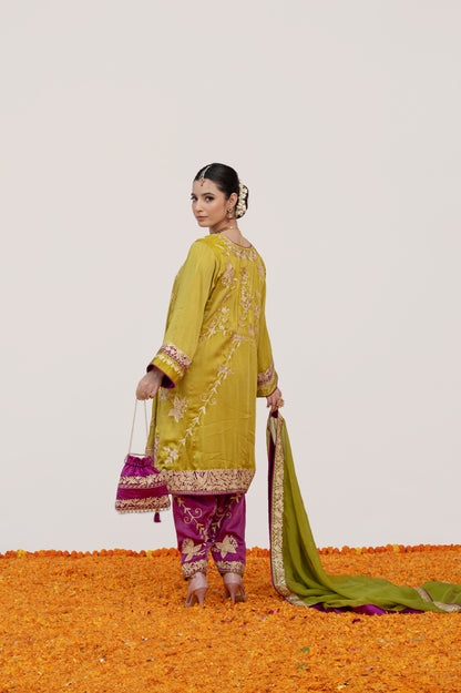 Mehendi Green Pure Satin Aari Suit with Potli