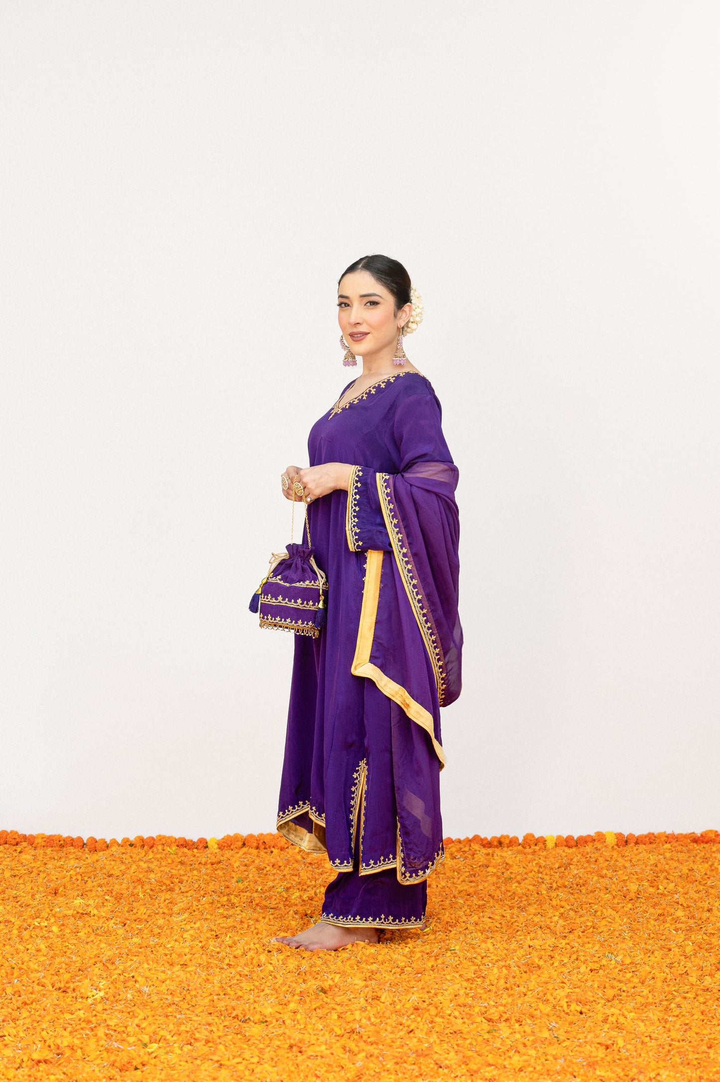 Dark Purple Crepe Tilla Minimal Suit with Potli