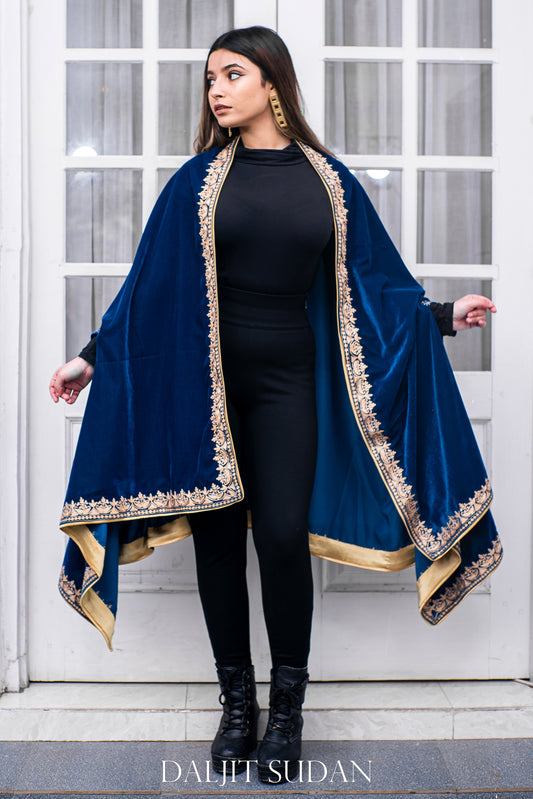 Royal Blue Velvet Cape with Aari Embroidery