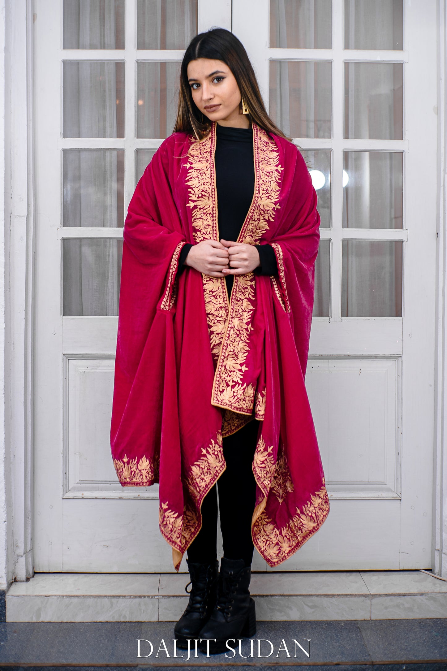 Pink Velvet Cape with Aari Embroidery