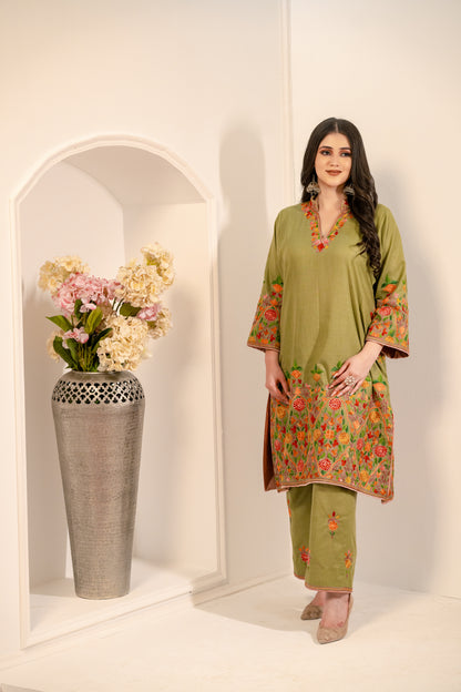 Olive Green Cotton Phiran Set With Multicolour Aari Embroidery